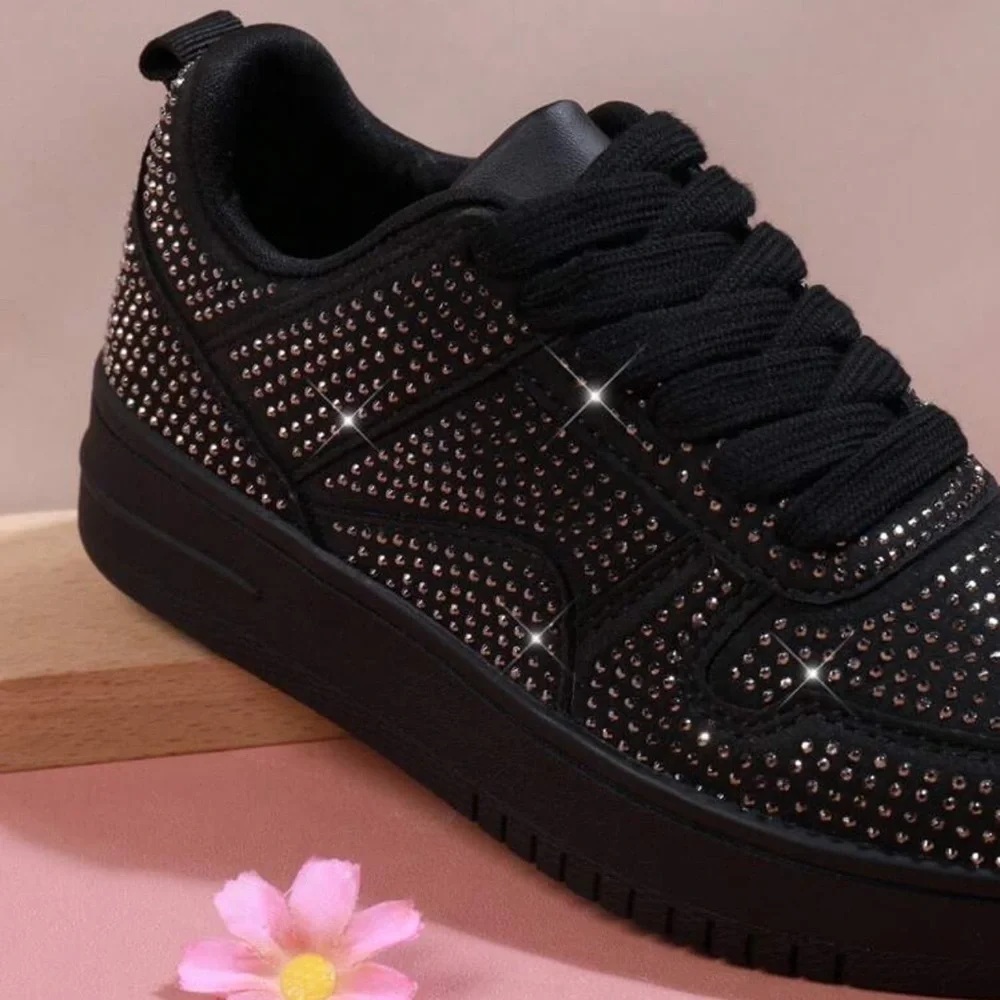 Kids Black Rhinestone Lace-Up Sneakers